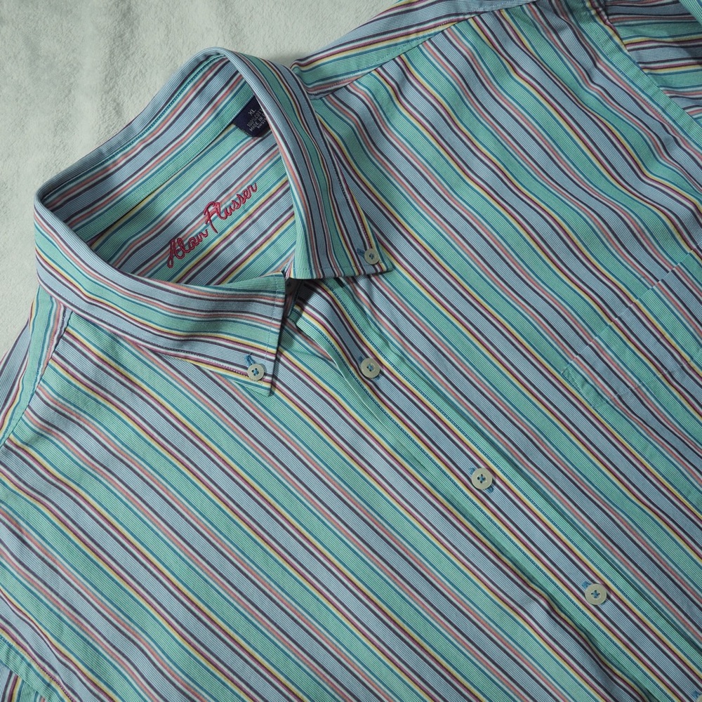 Alan Flusser Sz XL Striped Button-Down Shirt in Aqua, Blue, Pink and White